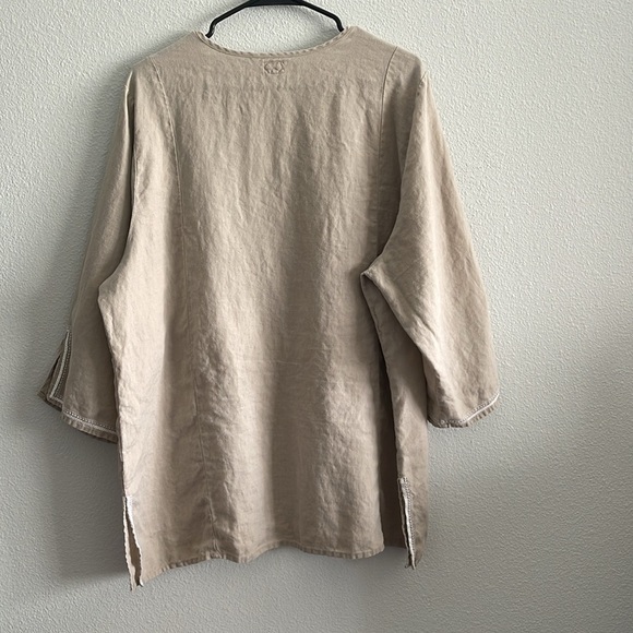 Symple NYC Tan Linen Sequined Embroidered 3/4 Sleeve Blouse Top - Picture 2 of 7